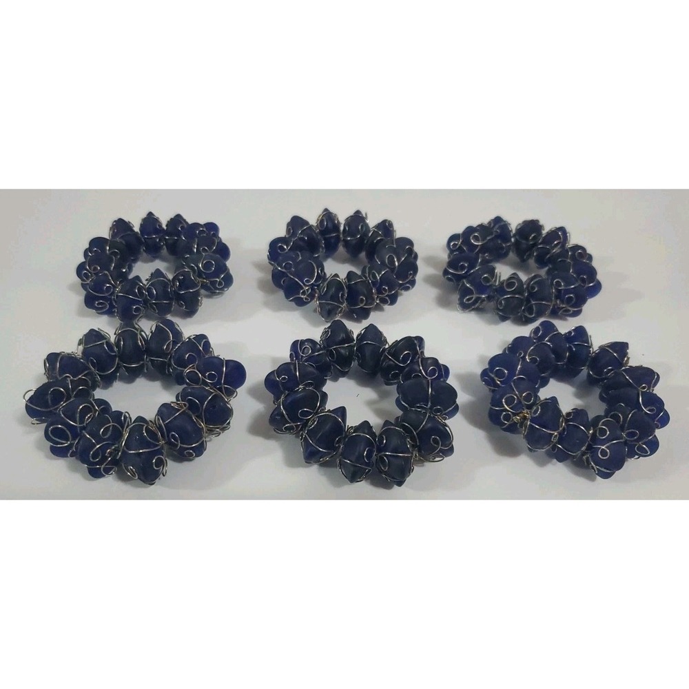 Vintage Blue Stone and Wire Napkin Rings set of 6 Abstract Bohemian Summer Fall